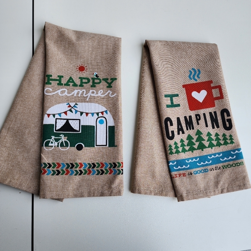 Set Of 2 I HEART CAMPING & HAPPY CAMPER Kitchen Tea Towels by Kay Dee Natural
